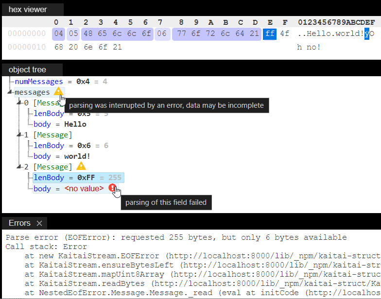 Screenshot of the Web IDE object tree with partial results until an EOF error occurred