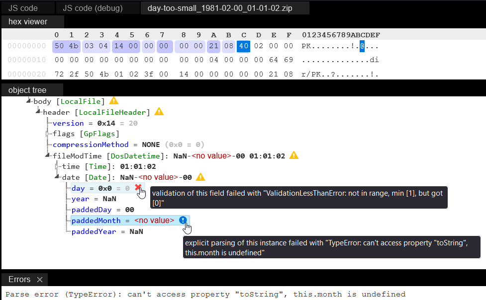 Screenshot of the Web IDE object tree with partial results up to a validation error